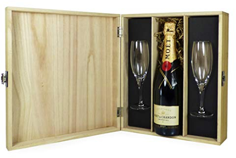 Brut Imperial Champagne 75cl with 2 x Champagne Flutes Presented in a Wooden Box - Ideas for Birthday, Anniversary, Christmas, Business and Corporate