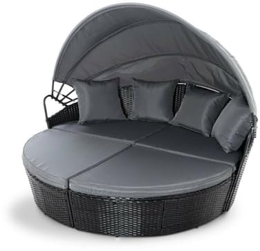 EVRE Bali 3 Piece Modular Round Rattan Wicker Patio Garden Furniture Daybed Sun Lounger Set with Extendable Canopy and Conversation Seat Cushions (Black)