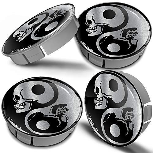 Biomar Labs® 4 x 60mm Kunststoff Nabenkappen Kappen Totenkopf Skull Schädel Yin Yang Symbol Silber Felgendeckel Radkappen Radnabendeckel Nabendeckel Auto Tuning CS 2