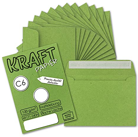 1000x Briefumschläge DIN C6 Kraftpapier - Hellgrün - Vintage Recycling Kuverts mit Haftklebung - 114 x 162 mm
