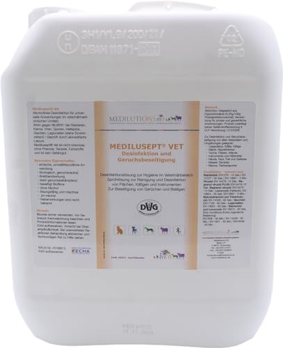 Medilusept Vet Desinfektion und Geruchsbeseitigung, Desinfektionsmittel gegen Giardien, Viren, Pilze, Parasiten und Bakterien, alkoholfreies Hygiene-Spray für Hautiere, 5000 ml