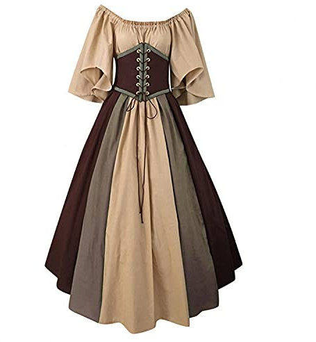 BUKINIE Womens Medieval Vintage Dresses Celtic Long Sleeve Maxi Dresses Renaissance Cosplay Dress Velvet Queen Dress Brown, M