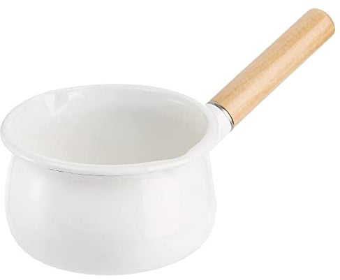 Jucoan 1 Quart Enamel Milk Pan with Dual Pour Spout, Small Enamel on Steel Saucepan Milk Pot Butter Warmer with Wooden Handle, Stove Top Soup Pot Simmer Pot for Home Kitchen Cooking Heating Boiling