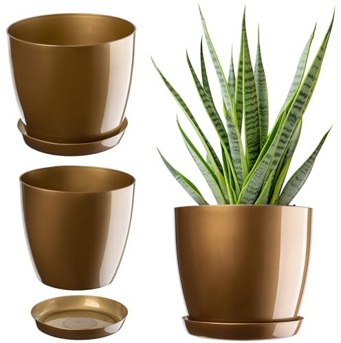 KADAX - Pot de Fleurs/Plantes avec Soucoupe - Forme Ronde et élégante - en Plastique léger - pour l’intérieur et la Maison - Cache-Pot pour Fleurs, Plantes - Diamètre 20 cm - Doré