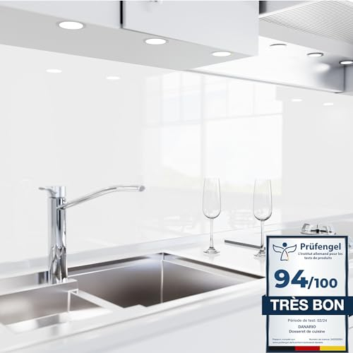 danario Küchenrückwand selbstklebend - Glasoptik - Spritzschutz Küche - versteifte PET Folie - 0,8 mm - Polarweiß - 60cm x 80cm