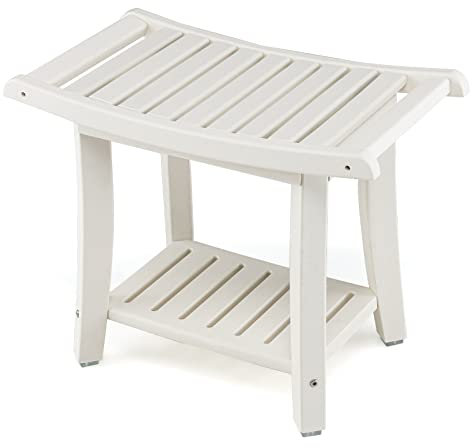 COSTWAY Shower Bench, 2-Tier Slatted Spa Bath Stool with Storage Shelf & Handles, Portable Waterproof Non-Slip Curved Seat Bathroom Bathtub Shower Chair for Elderly, Disabled and Adults (White)