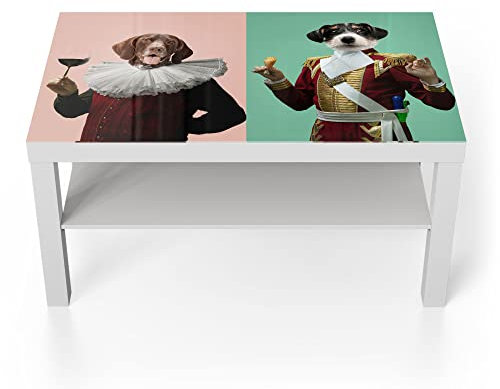 DEQORI Glastisch | weiß groß 90x50 cm | Motiv Aristokraten-Hunde | ausgefallener Beistelltisch aus Glas | Hochglanz Couchtisch fürs Wohnzimmer | moderner Couch Tisch mit Design