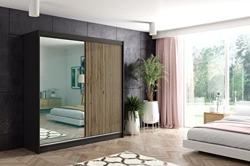 ALTDECOR Kleiderschrank mit Spiegel und Schiebetüren, Führungsschienen und Aluminium-Leisten, LED-Beleuchtung und Fernbedienung - VILAN - 200 cm Schwarz + Lamelle Eiche Wotan + Spiegel