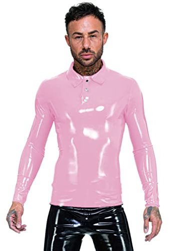 Chemise en PVC pour homme style boîte de nuit col rabattable T-shirt à manches longues T-shirts en faux latex brillant, rose clair, 4XL