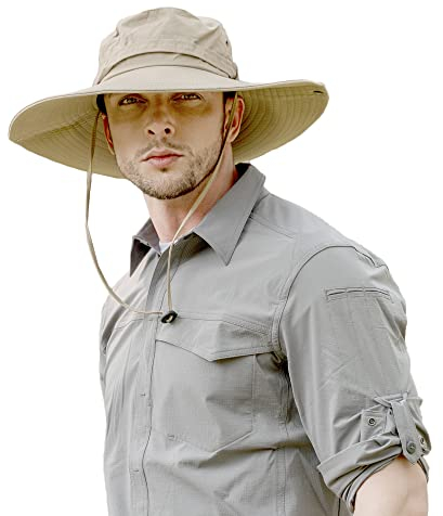 ZLYC Herren Breite Krempe Sonnenhut UV Schutz Safari Hut Boonie Hut Sommer Fischerhut(Plain Sliver Beige)
