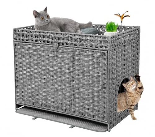 DOVEAID Katzentoilette Gehege Möbel Versteckt, Haustierhaus Katzenklo Möbel für Große Katzen, Handgewebtes Rattan mit Tür Katze Waschraum Box, Indoor Katzenhaus Aufbewahrung mit Weiche Katzentoilette