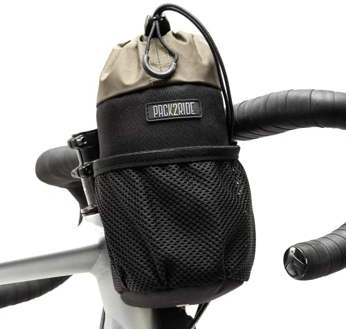 PACK2RIDE Bongo Fahrrad-LenkerTasche – wasserabweisendes, strapazierfähiges Cordura-Gewebe und großer Fahrrad-Wasserflaschenhalter, Bikepacking - Vorbau Tasche für Radreisen, Schwarz