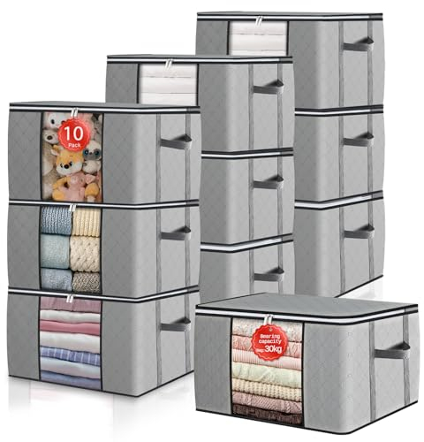 GoMaihe 90L Aufbewahrungstasche 10 Stück, Aufbewahrungsbox mit Deckel Groß Verstärkte Griffe, Kleidung Umzugskartons für Bettdecken, Unterbett Aufbewahrung Kleiderschrank Boxen Organizer Grau
