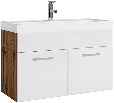 Badezimmer Badmöbel Set Paso 01 80cm Waschbecken Eiche mit Hochglanz Weiß - Unterschrank Schrank Waschbecken Waschtisch
