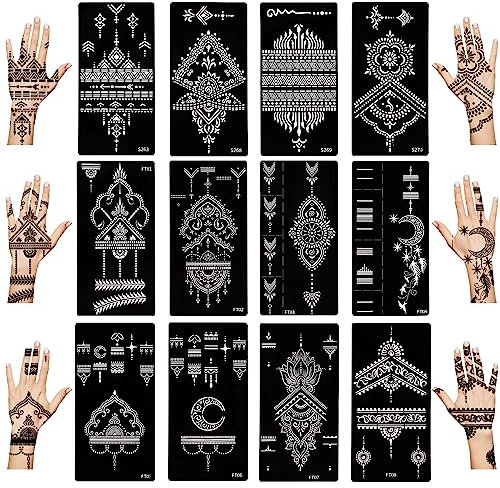 Kunoli Kit de 12 hojas de plantillas de tatuaje de henna, plantilla temporal de tatuaje de aerógrafo para mujeres y niñas, pintura facial y corporal