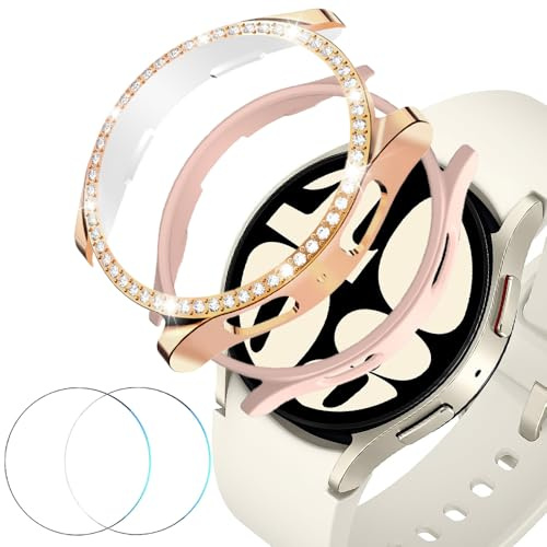 DEALELE [2+2 PACK Tempered Glass Case Compatible with Samsung Galaxy Watch 6 40mm, Bling Diamond + PC Matte Protective Case Cover + 9H Tempered Glass Screen Protector, Rose gold + Rose gold
