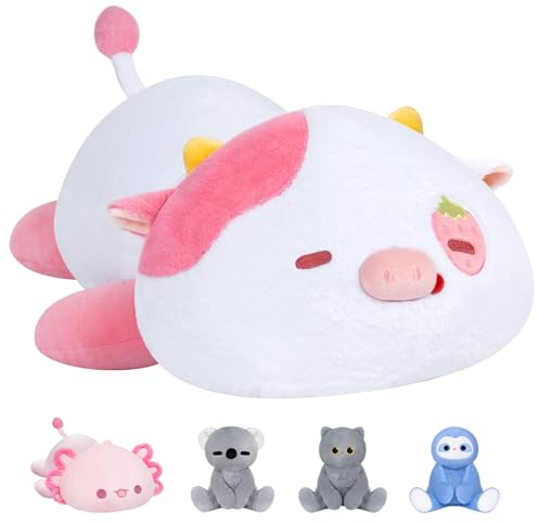 Mewaii Almohada de Peluche de Vacas con Ojos de Fresa 58CM 4.0 Lbs Abrazando Juguetes de Animales Cojines de Peluche Regalo para Mujeres Niños Niñas