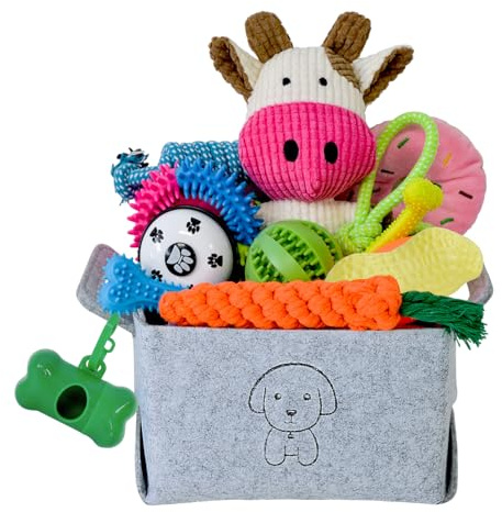 MRSOHRET 20Pcs Puppy Chew Toys for Teething, Dog Chew Toys with Rope Toy, Pet Dog Toothbrush, Treat Balls, Plush Toys and Squeaky Toys for Small Medium Dogs with Basket