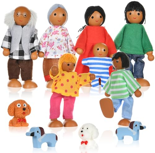 Aolso Famille de Poupée avec en Bois, 7 Pièces Ensemble Famille Poupées avec 4 Chiens, Maison Poupee en Bois Meubles de Salon Miniature Jouet Enfant Set de Famille Figurines pour Maison de Poupée