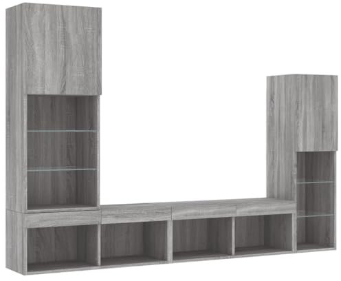 vidaXL Wohnwand 4-TLG., Schrankwand mit viel Stauraum, Anbauwand mit LED-Beleuchtung, Wandmontage Fernsehschrank Wohnzimmer Set Schrank, Grau Sonoma Holzwerkstoff