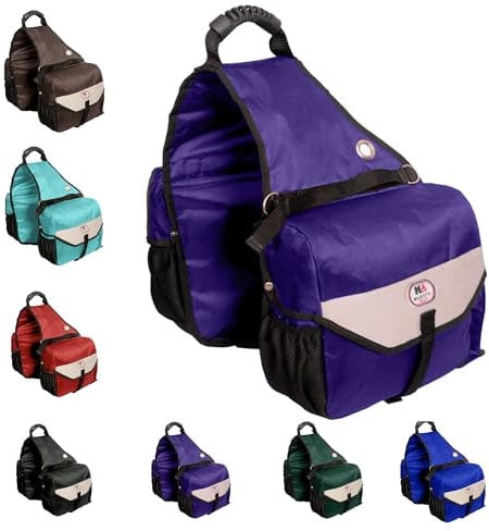 Majestic Ally Horse Saddle Bag - Nylon Insulated Leakproof Cooler, Reflective Padded with Pockets and Water Bottle Carrier, Durable Equestrian Saddle Bag (Purple)