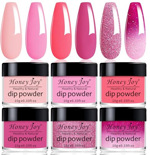 Honey Joy Color Changing Dip Powder Nail Kit Starter,6 Colors Summer Glitter Pink Dipping Powder Set Nail Art Manicure DIY Salon Home Gifts for Women, No Need Nail Lamp Cured, DP-V