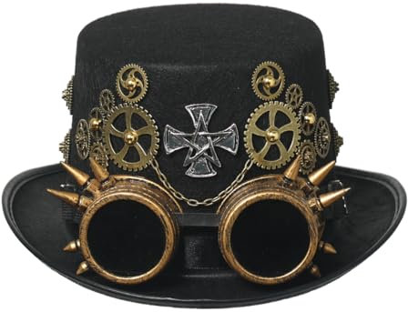 Unisex viktorianischer Steampunk Zylinder mit Brille und Ausrüstung für Damen Herren Karneval Halloween Cosplay Kopfbedeckung Zubehör (Schwarz, 58cm/22.83 Inches)