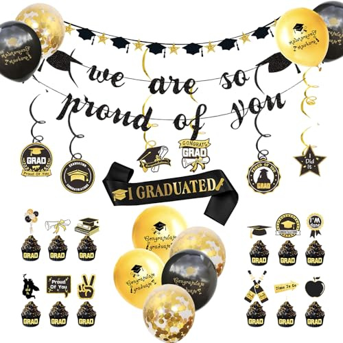 30 Stück Graduation Deko 、Abschluss Deko Schwarz Gold Graduation Deko | Bachelor Deko、Girlande Herzlichen Glückwunsch、Abschlussfeier、Abitur Bachelor Deko Abschlussfeier Party Deko