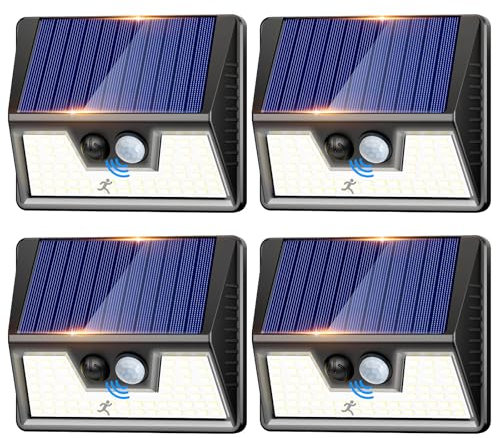 nipify Lampe Solaire Extérieur Détecteur de Mouvement, Lot de 4 Lumiere Solaire Exterieur Avec IP65 Étanche, 3 Modos Eclairage Exterieur Solaire, Lampe Solaire pour Jardin, Garage