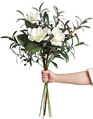 ICBOX Weiße Seiden-Magnolienblumen mit Olivenzweigen für Vasen, fühlt sich echt an, weiße Blume, Kombi, künstliche Olivenzweige, 76,2 cm langer Stiel, künstliche Blumen für hohe Vasen, Heimdekoration,