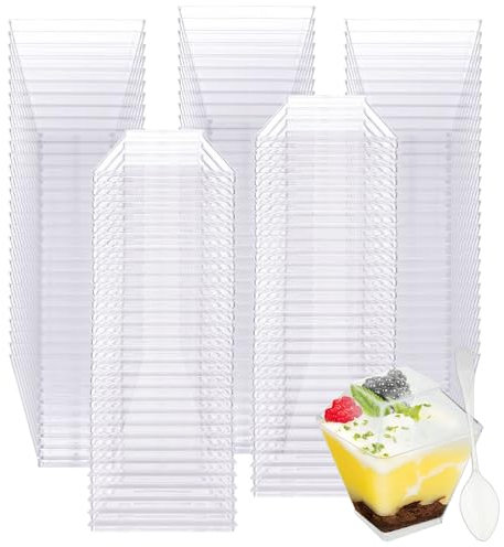 ASelected 100er-Set Mini Desserttasse Dessertbecher mit Deckel, 60ml Plastik Dessertschalen mit Deckel und Löffeln, Serviergläser Dessert Wiederverwendbare Set für Hochzeiten, Geburtstage, Party