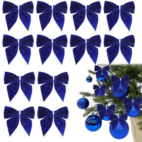 iwiio Blue Bows for Christmas Tree Decorations - 12Pcs Velvet Christmas Tree Ties, Christmas Wreath Bow Christmas Tree Ornaments Bows for Christmas Party Decoration