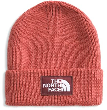 The North Face TNF Logo Box Cuffed Beanie | Classic Fit, Rib Knit Winter Hat for Men and Women, Woven Logo or Embroidered Icon Patch, Mars Dust/Sumac, One Size
