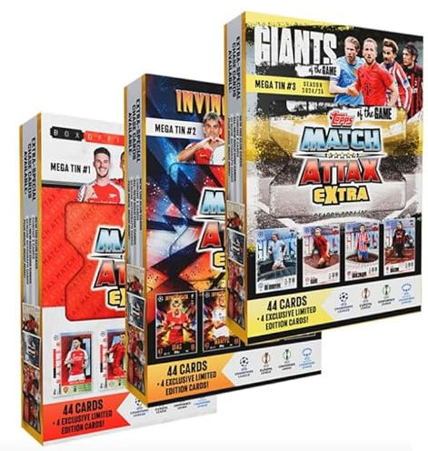 Topps Match Attax EXTRA UEFA Champions League TC 2024/2025 EINE ZUFÄLLIGE Mega Tin | 44 Karten + 4 Limitierte Karten + Chance auf Relic-Card + Heartforcards® Versandschutz