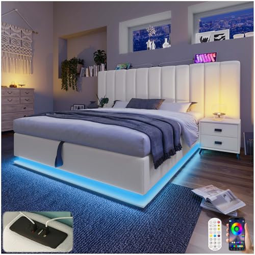 Seyakany Lit Double rembourré avec LED et Prise USB&Type C,lit Coffre 180x200 avec Espace de Rangement,Cadre de lit 180x200 avec sommier à Lattes,PU,Blanc