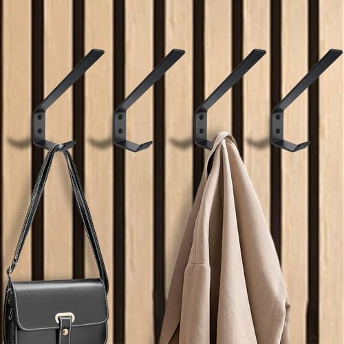 XQZMD Hooks for Acoustic Panels, 4 Pack Double Hooks, Metal Clothes Hook, Heavy Duty Coat Hook Wall Mounted with Screws, Hanger for Bathroom, Bedroom, Wall Panels (Black)