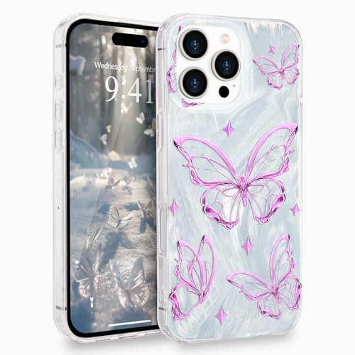 L-FADNUT for iPhone 16 Pro Max Case for Women Girls, Glitter Silver Cute Butterfly Pattern Phone Case, Trendy Shiny Slim Protective Anti-scratch Aesthetic Cover for iPhone 16 Pro Max, Light Purple