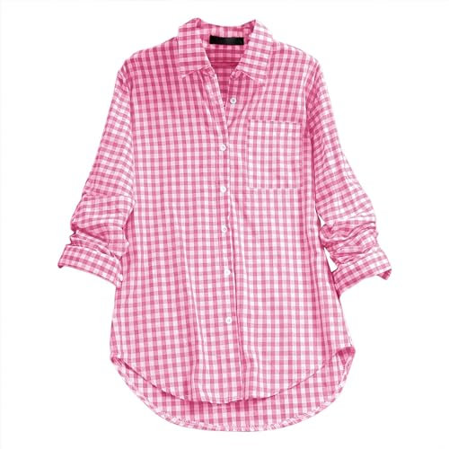 Chemisier d'été élégant pour femme - À carreaux - Manches longues - Avec boutonnière - Col en V - Tunique en coton - Tunique légère - Chemisier d'été long - Décontracté - Chemises à carreaux, Rose