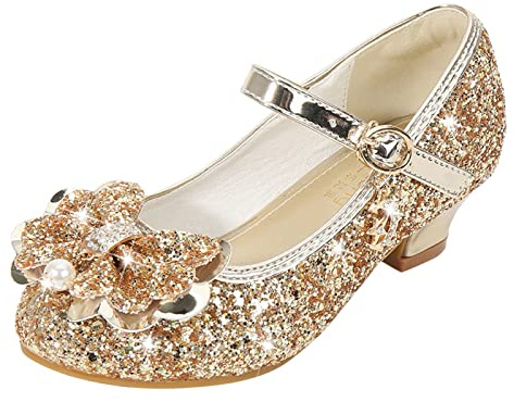 LOIJMK Flickor, glitter, prinsessa, klack, skor, sandaler, pumps, högklackade skor, paljetter, prinsesskor, barn, cosplay, skor, fester, karneval, dansskor, Mary Jane bröllopsskor, balettskor, Guld16