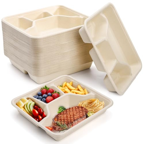 TOPZEA 50 Pack 4 Compartment Disposable Paper Plates, 23.8X 21.8 CM Deep Divided Plates Heavy Duty Bagasse School Lunch Tray, Sugarcane Sectional Plate Food Containers for Dinner Buffet Party