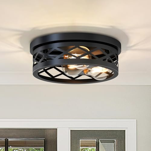 LVWIT LED Deckenlampe Schwarz 3 Flammig E27 Vintage Industrial LED Deckenleuchte Treppenhaus Rund Metal Deckenstrahler Küchenlampe für Wohnzimmer Schlafzimmer Küche Flur Eingang (Ohne Glühbirne)