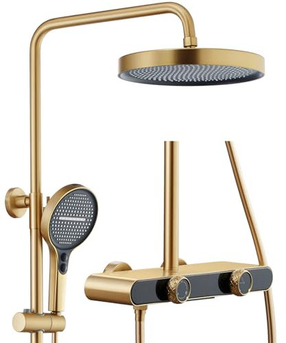 WRKMH Colonne de Douche avec Mitigeur, Or Zirconium Brossé Colonne Douche Cascade Ensemble de Douche Mural Mitigeur Douche avec Pommeau de Douche, 3 Fonctionnel Douchette