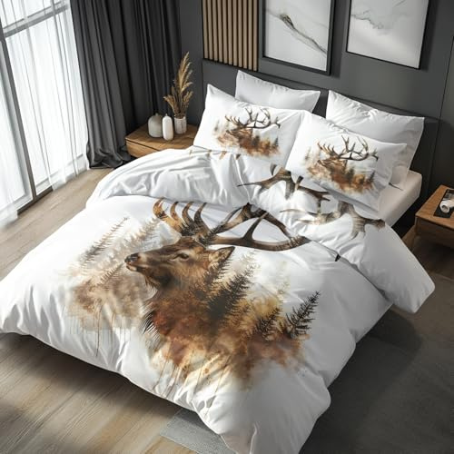 NOGAWA Bettwäsche 135x200 Elch Hirsch - Wildtiere Jagd Bettbezug 135x200 2er Set, Weich & Bügelfrei Mikrofaser Bettwäsche-Sets, Wendebettwäsche mit Reißverschluss und 1 Kissenbezug 80x80