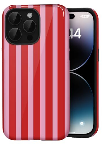 Amzfield Compatible with iPhone 14 Pro Case Cute Striped Aesthetic Retro Design for Women Girls Fall Simple Chic Girly Pretty Dual Layer Hybrid Protection Elegant Case, Red