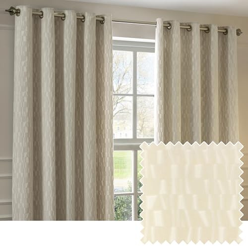 Paoletti Manhattan Room Darkening Eyelet Curtain Pair – Elegant Velvet Geometric Textured Lined Ring Top Drapes (Ivory - 168x229cm)