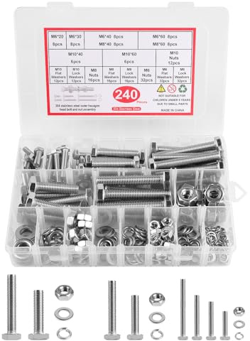 LALAGO 240 Pcs M6 M8 M10 Schrauben und Muttern Sortiment aus 304 Edelstahl | Sechskantschrauben Unterlegscheiben Federringe & Muttern Kit, Gewindeschrauben Set, Maschinenschrauben Set für Reparatur