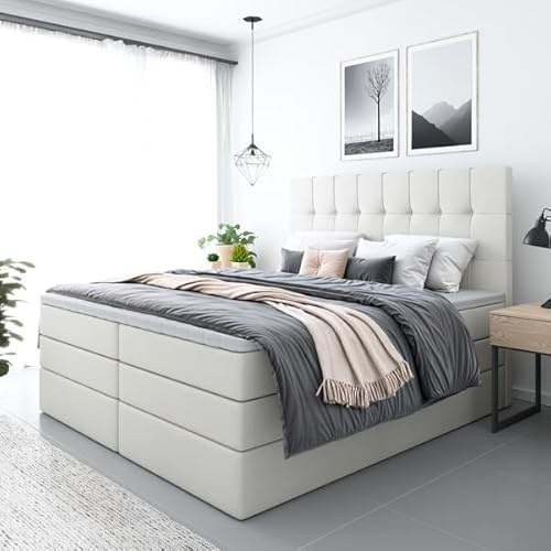 Generisch Boxspringbett MERA Plus mit Bettkästen, Doppelbett, VISCO Topper, Bett mit Stauraum (Weiss Kunstleder: Madryt 120, 180x200 cm)