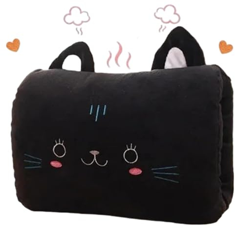 Kids Cartoon Hand Warmer Pillow, Soft Plush Non-Electrical Hand Pillow for Napping & Travel, Cute Cartoon Design Winter Essentials (Black Cat)