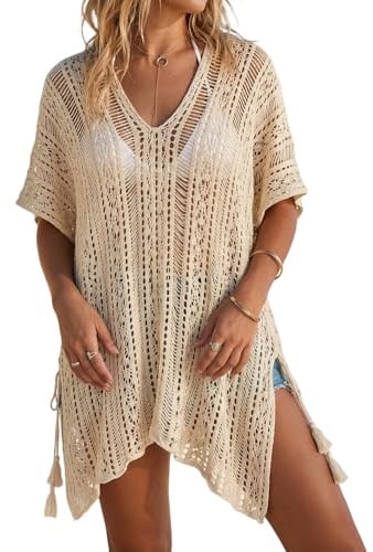Women Beach Crochet Cover Up Dress Swimsuit Bikini Openwork Beach Cover Up Summer Sheer Dress.