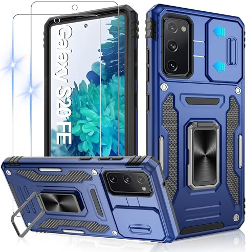 Jshru für Samsung S20Fe Hülle Kameraschutz mit 2 STK Schutzfolie handyhülle Samsung S20FE Militärstandard Stoßfest Schutzhülle 360° Metall Ring Ständer Case für Galaxy S20 FE,Blau